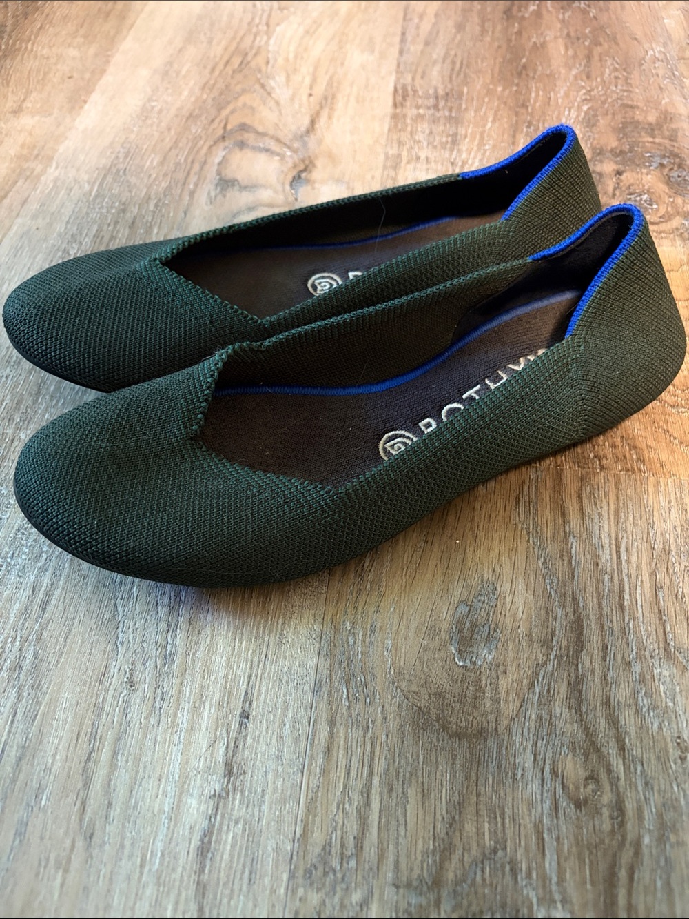 Rothy's Dark Green Knit Flats with Blue Trim